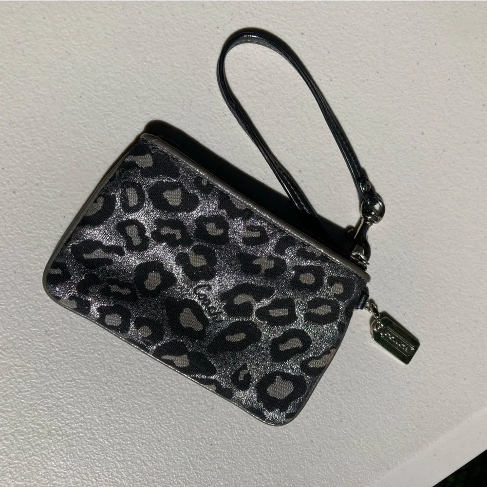 Coach Metallic Silver Glitter Sparkle Leopard Print Zipper Pouch Wristlet Wallet